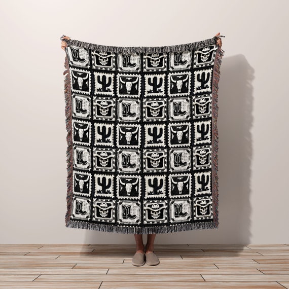 Woven Throw Blanket Western Gothic Patchwork Tapestry Wall Art, Country Western Cowboy Aesthetic | Black and White Decor | Cowboy Boot Hat