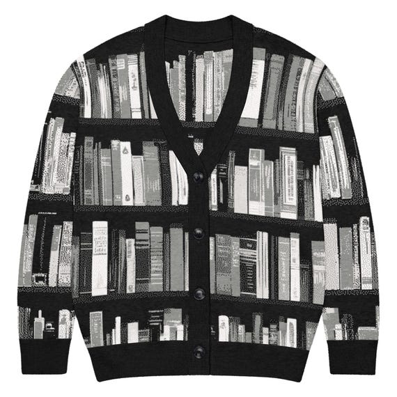 Book Cardigan Sweater Gift for Book Lover Readers, Button Up Knit Sweater Dark Academia Library Aesthetic Black and White