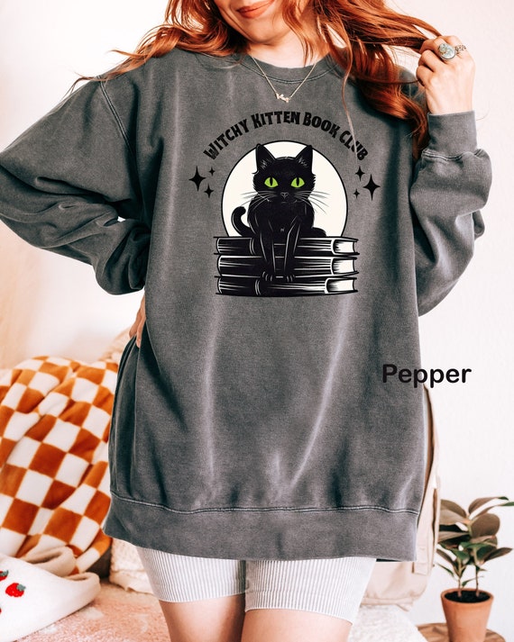 Black Cat Halloween Sweatshirt | Comfort Colors Crewneck Unisex Soft Sweatshirt | Cute Cat Books Tee | Mystical Spell Book