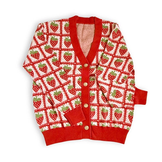 STRAWBERRY CARDIGAN Sweater, Knit Granny Square Cardigan Button Up Cardi, Trendy Knitwear Lightweight Sweater, Cottagecore fashion Style
