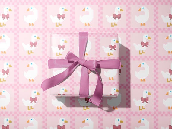 Cottagecore Goose Baby Shower Gift Wrapping Paper, Pink Coquette Bow and Checkerboard Country Cottage Luxury Gift Wrap Pink Goose girly