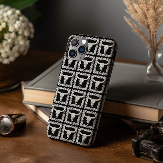 iPhone 16 15 14 13 Compatible Phone Case Magnetic charging  Western Goth Longhorn Cow Skull Country Black White Granny Square Pro Max Case