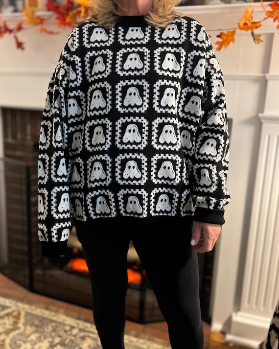 Halloween Sweater Knit Ghost Sweater, Knit Ghost Cardigan or Knit Ghost Sweater Vest, Granny Square Fall Knitwear Sweater Easy Costume
