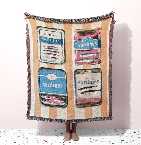Sardine Throw Blanket, Woven Cotton Tinned Fish Wall Tapestry Coastal Beach House Decor Nautical Kitchen Foodie Lover Gift, Fringed Throw
