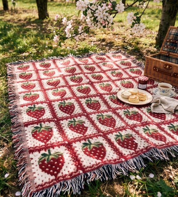 Strawberry Blanket Cotton Woven Throw Blanket, Granny Square Cottagecore Room Decor, Gift for Mom Coquette Aesthetic Wall Art Tapestry