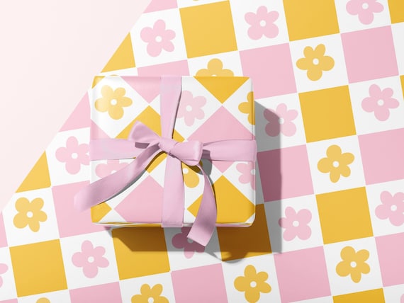 RETRO HARLEQUIN DIAMOND Checker Daisy Gift Wrapping Paper | Thick Quality Rolled Sheets | Groovy Flower Pattern | Pink Orange Yellow Gold