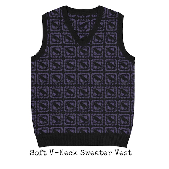 Crow Cardigan Gothic Witchy Granny Square Purple Black Faux Crochet Button Front Sweater Boho Raven Bird Knitwear Alternative Fashion
