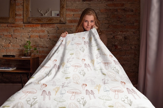 Neutral Mushroom Plush Blanket | Toadstool Woodland Theme Cozy Velveteen Throw Blanket | Living Room, Bedroom, Teen, Kids, Dorm Room Gift