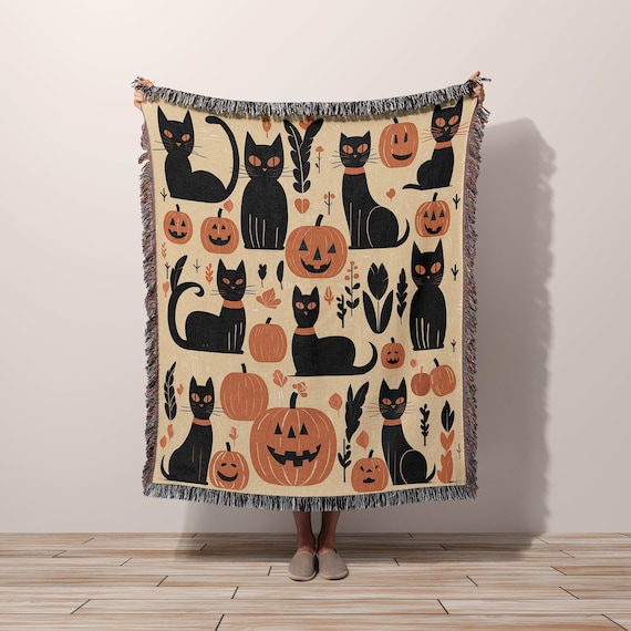 Retro Halloween Blanket Woven Cat Pumpkin Cotton Throw Blanket  Vintage Halloween Decor Midcentury Modern Blanket Orange Black Cat Blanket