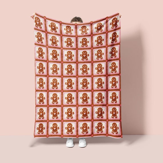 Christmas Blanket Gingerbread Granny Square | Soft Minky Throw Christmas Blanket | Retro Cottagecore Holiday Blanket | Brown Pink