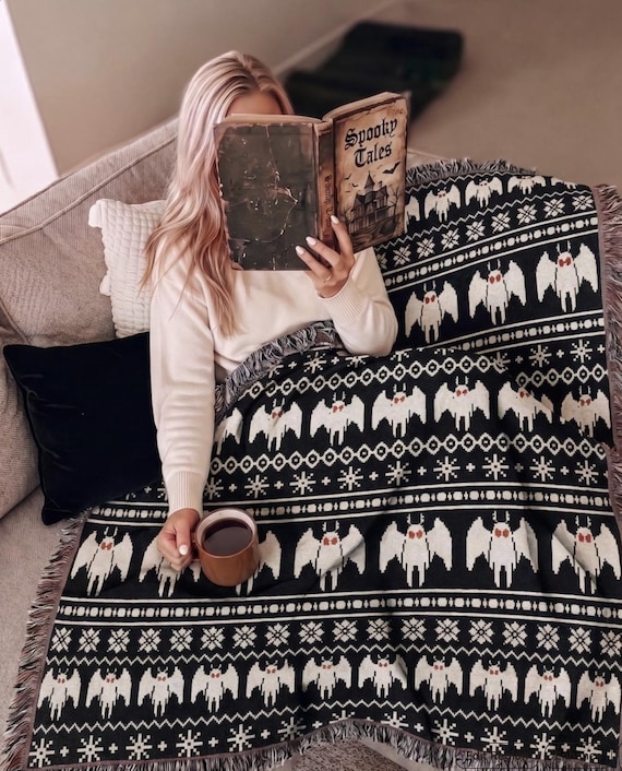 Mothman Cryptid Throw Blanket, Woven Cotton with Red Eye Fair Isle Pattern