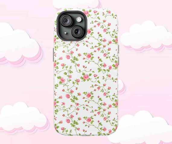 Floral Phone Case Magnetic Charge Phone Case Compatible iPhone 13 14 15 Max Pro, Pink and Green Toile Coquette Phone Case, Girly Preppy Gift