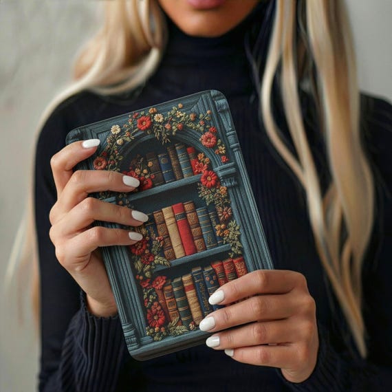 Book Lover Gift Kindle Cover | Dark Academia Floral Bookshelf | Faux Embroidery Design Fits Kindle Paperwhite Case 7 Colorsoft 12th Gen 2024