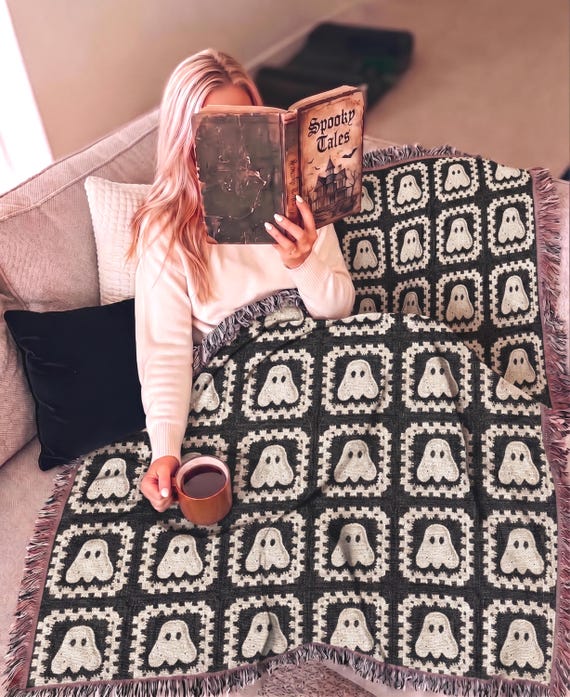 Woven Ghost Granny Blanket Fall Halloween Decor,  Gift for Cute Ghost Lovers, Autumn Bedding