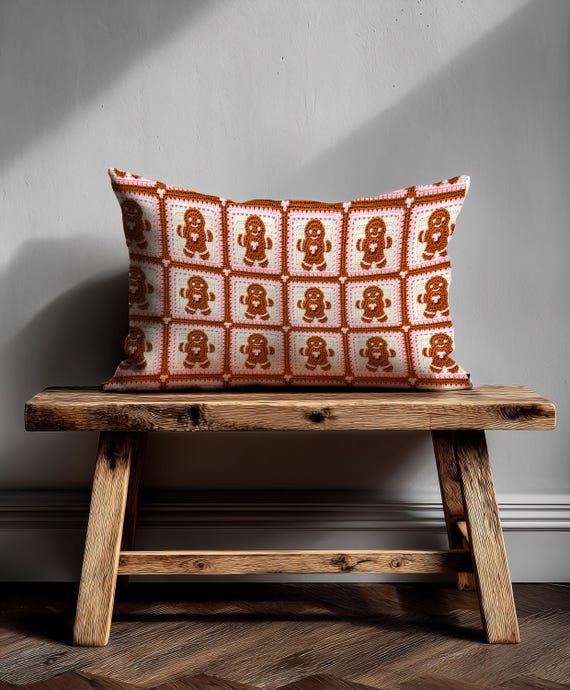 Faux Crochet Gingerbread Lumbar Pillow, Christmas Decor, Holiday Throw Cushion, Decorative Accent, Home Sofa Accessory