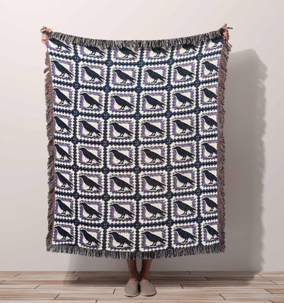 Retro Gothic Crow Tapestry Blanket, Witchy Cottagecore Woven Tapestry