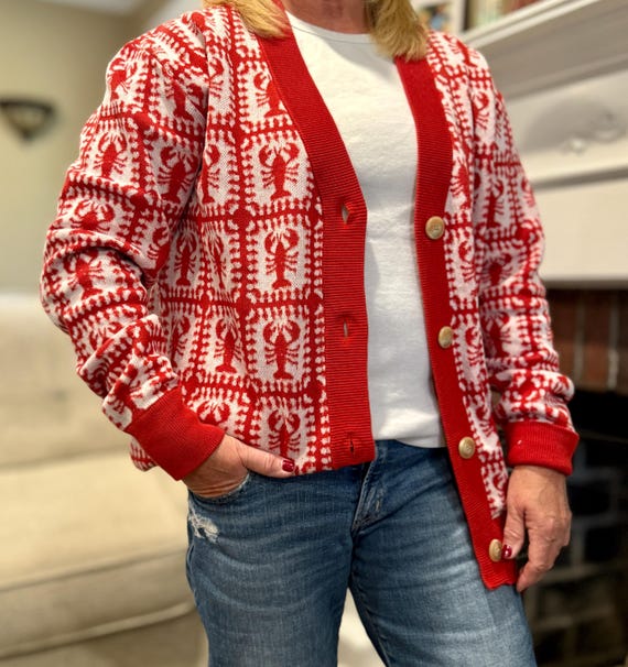 Lobster Sweater Unisex Button Up Cardigan, Granny Square Knit Sweater, Coastal Lightweight Winter Knitwear