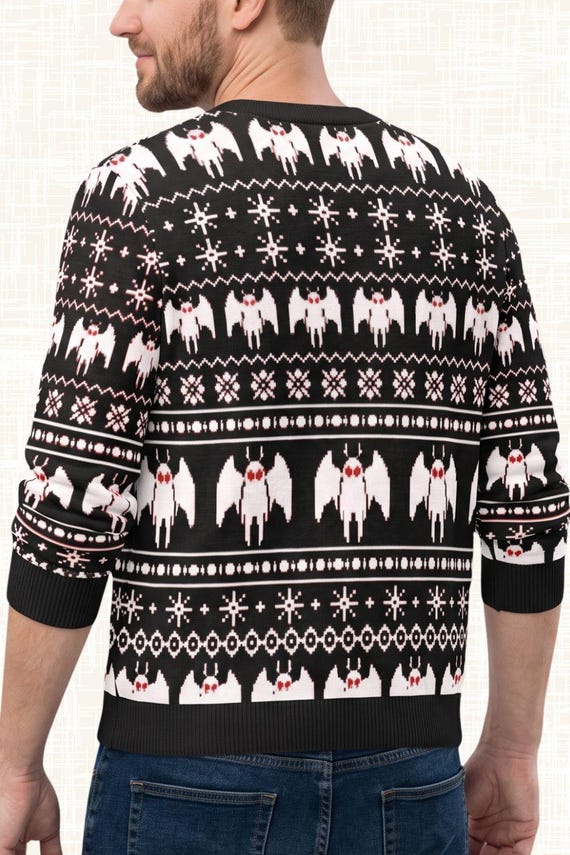 Mothman Knit Crewneck Sweater, Black Fair Isle Cryptid Christmas, Cardigan or Hoodie, Gothic Apparel