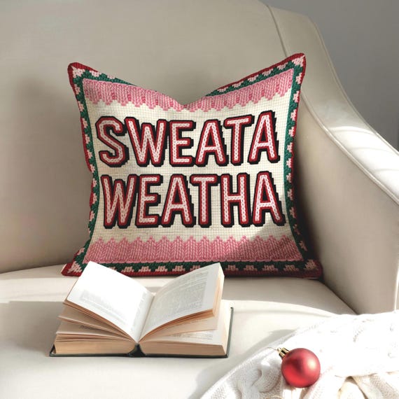 Decorative Throw Pillow Cover, Winter Home Decor, Maximalist Accent Cushion, Winter Holiday Gift, Funny faux embroidered needlepoint pillow