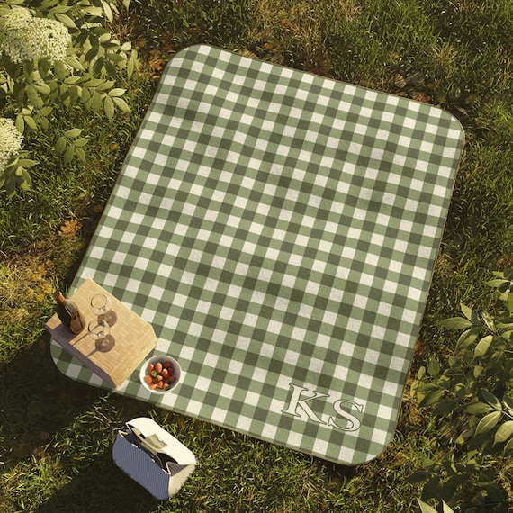 PERSONALIZED PICNIC BLANKET Sage Green Gingham| Monogrammed Cottagecore Outdoor Custom Blanket | Green Checkered Retro Vintage Aesthetic