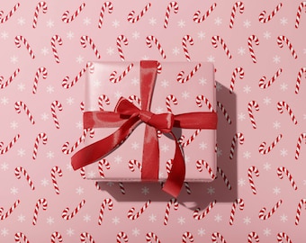 Candy Cane Christmas Wrapping Paper | Premium Pink Holiday Gift Wrap | Hand-Drawn Snowflake Pattern | Pastel Pinkmas Aesthetic