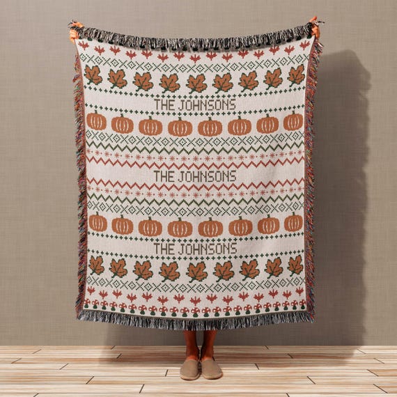 Personalized Fall Woven Blanket Autumn Home Decor, Cottage Living Room Throw, Thanksgiving Hostess Gift Pumpkin Harvest Blanket