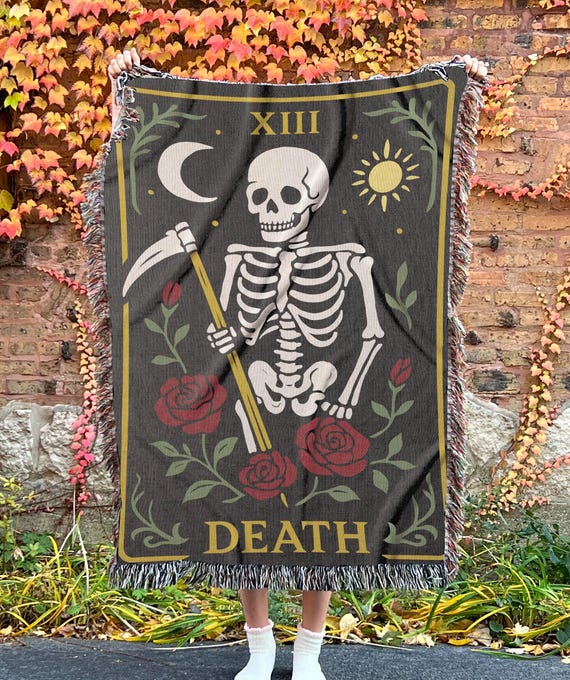 Gothic Woven Throw Blanket, Tarot Skeleton Dark Academia Tapestry, Witchy Boho Home Decor Tarot Card Wall Art Blanket