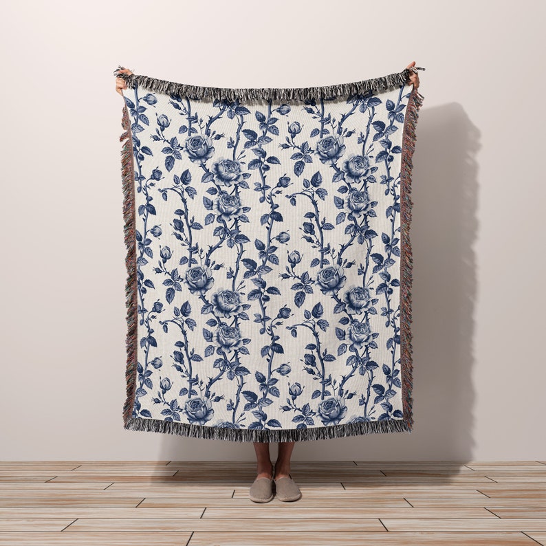 Personalized Woven Throw Blanket, Blue Toile Chinoiserie Floral Rose ...