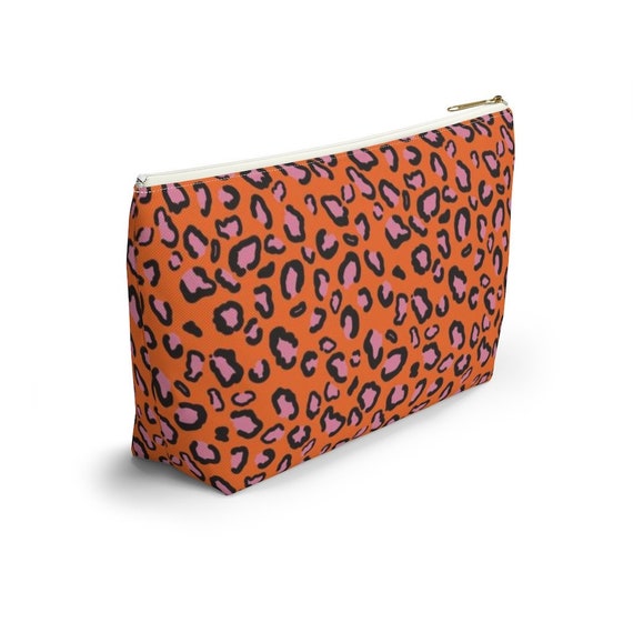 Pink Orange Leopard Print Spots Makeup Cosmetics Travel Bag | Pencil Pen Case Zippered Pouch | Back to School Teacher Student Gift Supplies