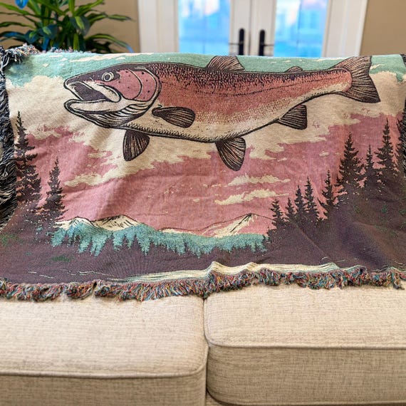 Cabin Woven Throw Blanket, Woven Blanket Rustic Cabin Decor, Fishing Lodge Gift for Dad Fisherman Wall Art Great Lake House Gift Man Cave