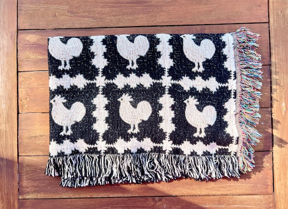 Homestead Country Cottage Chicken Granny Square Woven Throw Blanket for Mother's Day, Cottagecore Decor, Gift for Grandma Aunt Sister