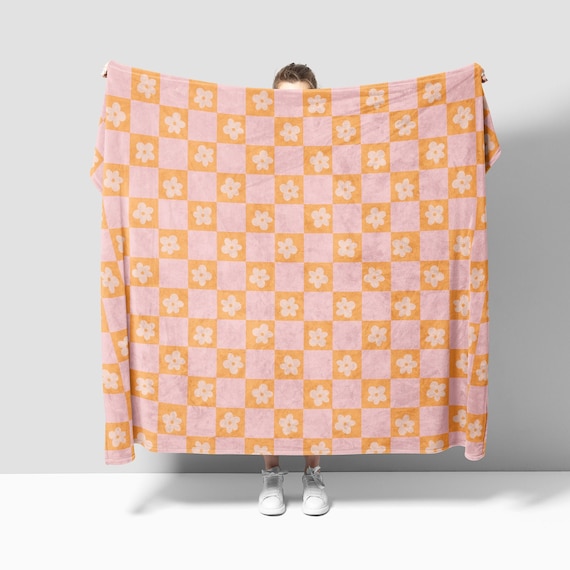 PLUSH THROW BLANKET Retro Checkered Daisy | Groovy Flower Cute Pattern | Pink and Orange | Kids Bedroom, College Student Dorm, Bedding