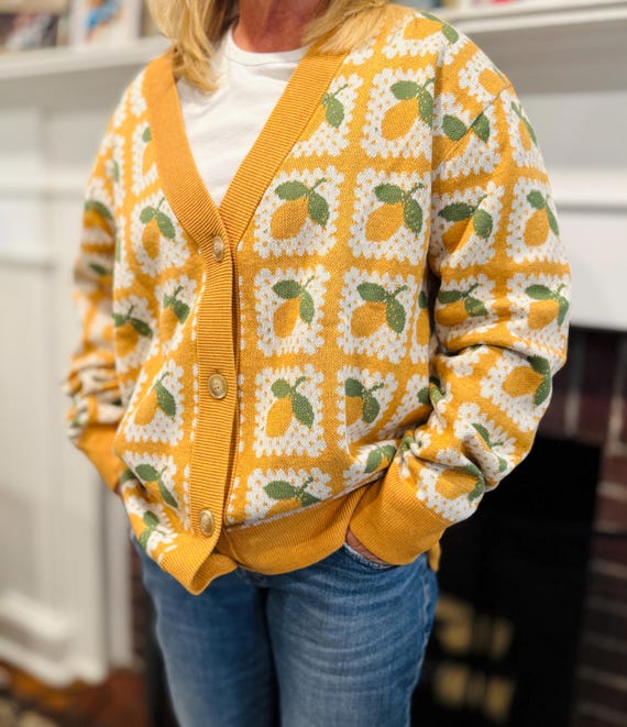 Lemon Cardigan Sweater: Knit Granny Square Button Up Gift for Lemon Lover, Cottagecore Vintage Style Sweater