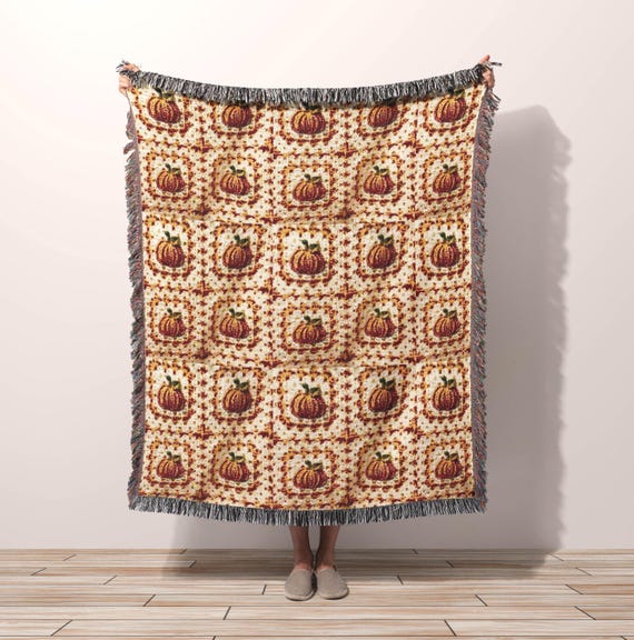 Fall Throw Blanket Cozy Fall Decor, Woven Cotton Throw Blanket, Autumn Cottagecore Granny Square Blanket Pumpkin Aesthetic New Home Gift