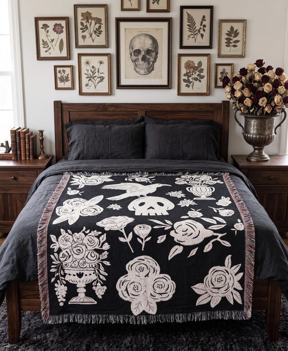 Halloween Gothic Blanket, Skull Raven Crow Black and Cream Cotton Wall Art Tapestry