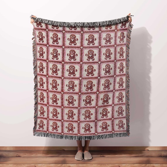 Christmas Blanket Gingerbread Granny Square Girls Boys | Woven Throw Christmas Blanket | Retro Cottagecore Holiday Blanket | Brown Pink