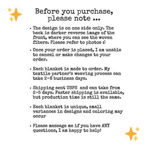 May include: Text on a white background reads "Before you purchase, please note..." followed by bullet points about the product's design, order changes, production time, shipping, and uniqueness. Two gold starburst graphics are in the image.