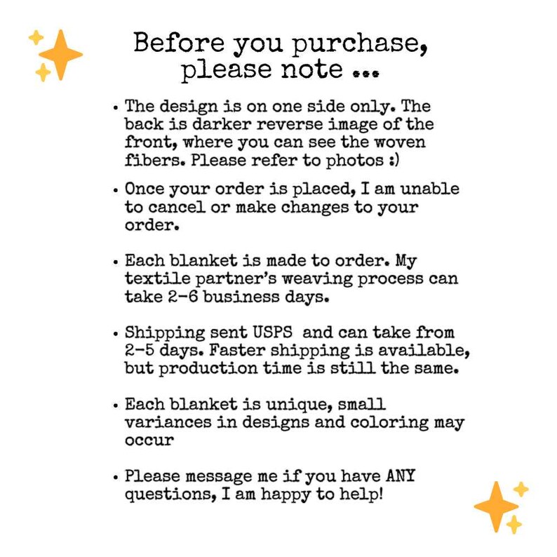 May include: Text on a white background reads "Before you purchase, please note..." followed by bullet points about the product's design, order changes, production time, shipping, and uniqueness. Two gold starburst graphics are in the image.