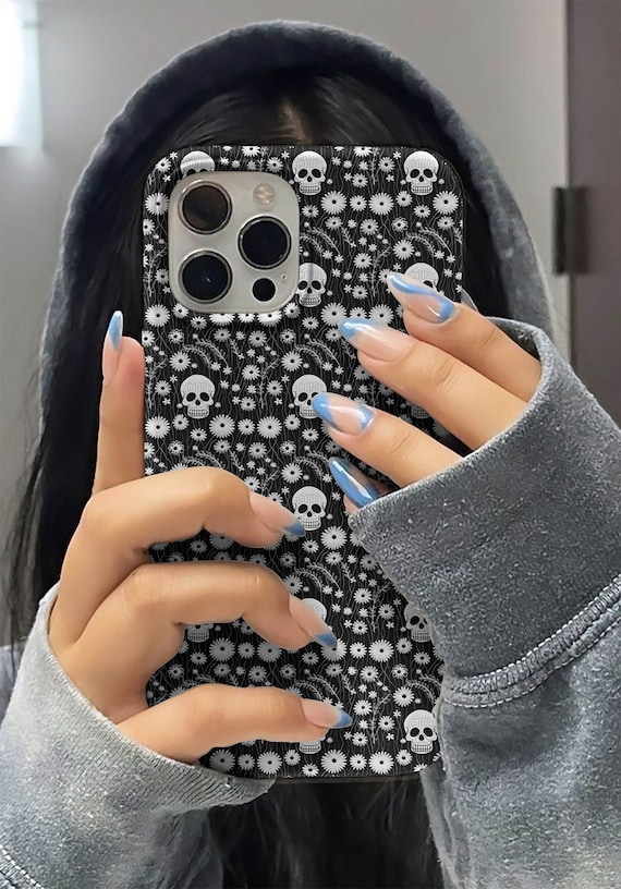 Magnetic Charge Phone Case Gothic Floral Skull Faux Embroidery, Works with iPhone 13 14 15 16 Pro Max, Black White Phone Case Goth Aesthetic