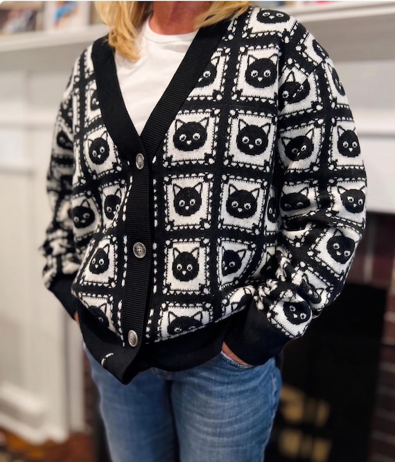 Black Cat Sweater Granny Square Knit Sweater, Unisex Cardigan Unique Cat Lover Gift Fall Winter Knit, Trendy Cute Sweater Knitwear