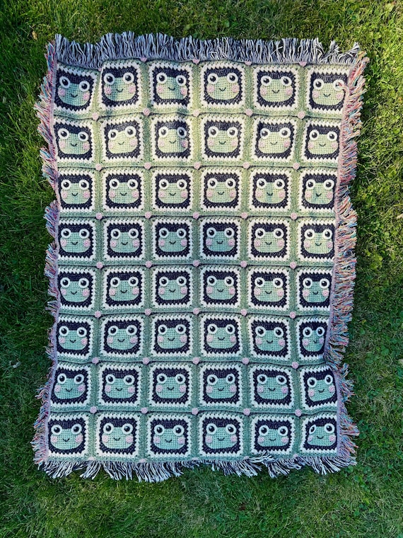 Cute Frog Granny Square Blanket Tapestry Wall Art, Woven Cotton Throw Blanket, Cottagecore Decor, Green Black White Pink