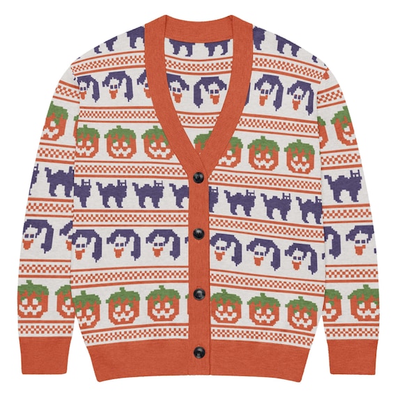 Retro Halloween Cardigan Knit Sweater: 90s Cookie Ghost, Pumpkin & Cat Unisex Gift