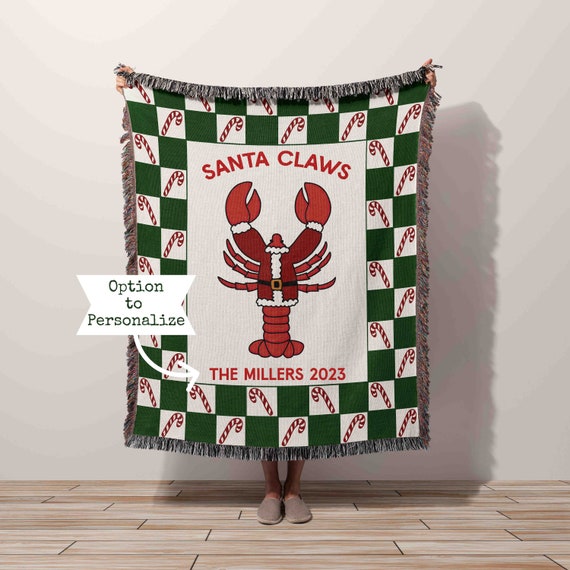 Personalized Christmas Lobster Throw Blanket Santa Claws, Custom Christmas Blanket, Family name, Dates, quote, East Coast Xmas Red Green