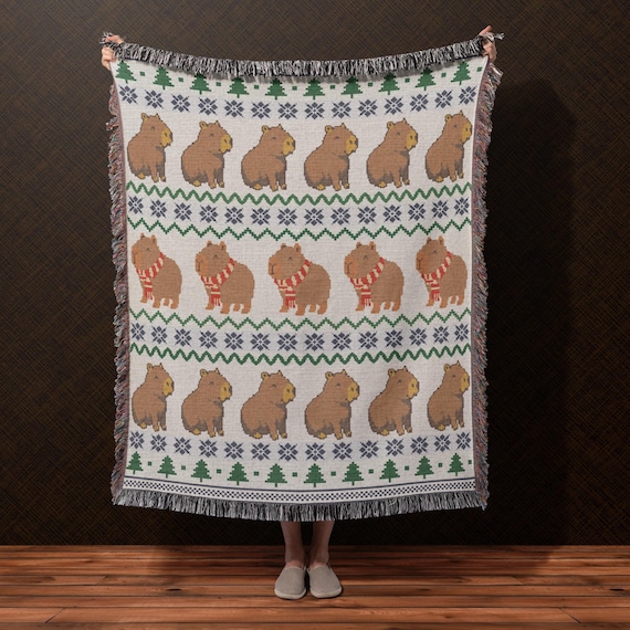 Capybara Woven Throw Blanket, 100% Cotton Jacquard Tapestry, Winter Pine Tree & Snowflake Decor, Cozy Cottagecore Animal Lover Gift