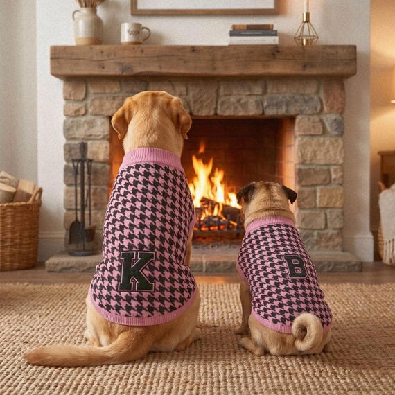 Personalized Knit Sweater Set, Dog Mom Matching Preppy Houndstooth Varsity Monogram