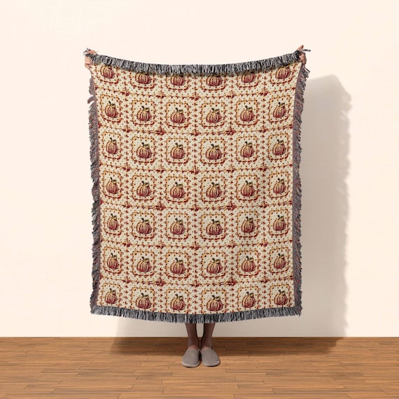 Fall Throw Blanket Cozy Fall Decor, Woven Cotton Gift Blanket, Cottagecore Fall Granny Square Blanket Pumpkin Aesthetic, New Home Gift