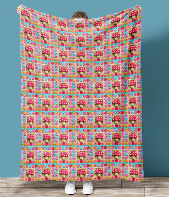 Mushroom Granny Square Soft Velveteen Minky Fleece Blanket