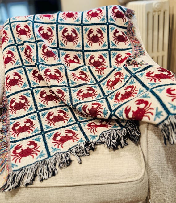 Coastal Crab Woven Throw Blanket, Nautical Tapestry Wall Art, Crab Fisherman Core Home Decor Gift  MADE IN USA