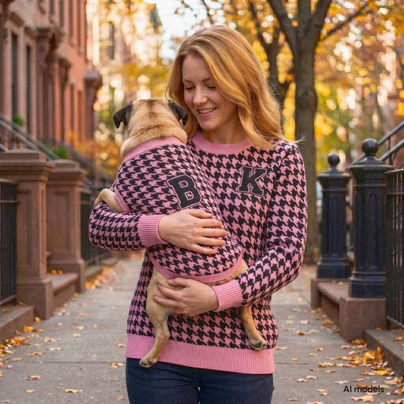 Personalized Knit Sweater Set, Dog Mom Matching Preppy Houndstooth Varsity Monogram