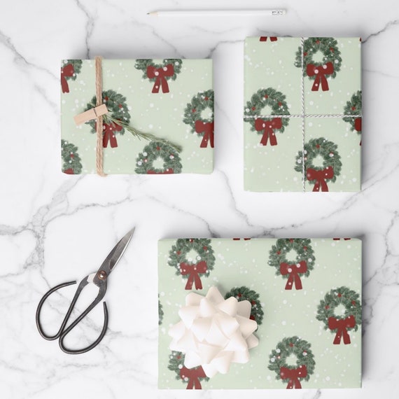 Christmas Wreath Holiday Wrapping Paper Thick Matte Luxury Gift Wrap Cute  Evergreen Mint Light Green Xmas Aesthetic 